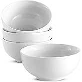 KooK Ceramic Soup Bowls, Cereal Bowl, Microwave, Dishwasher and Freezer Safe, Porcelain Dishes for Pasta, Salad, Oatmeal, Deep Interior, 20 oz, Set of 4, Marshmallow White