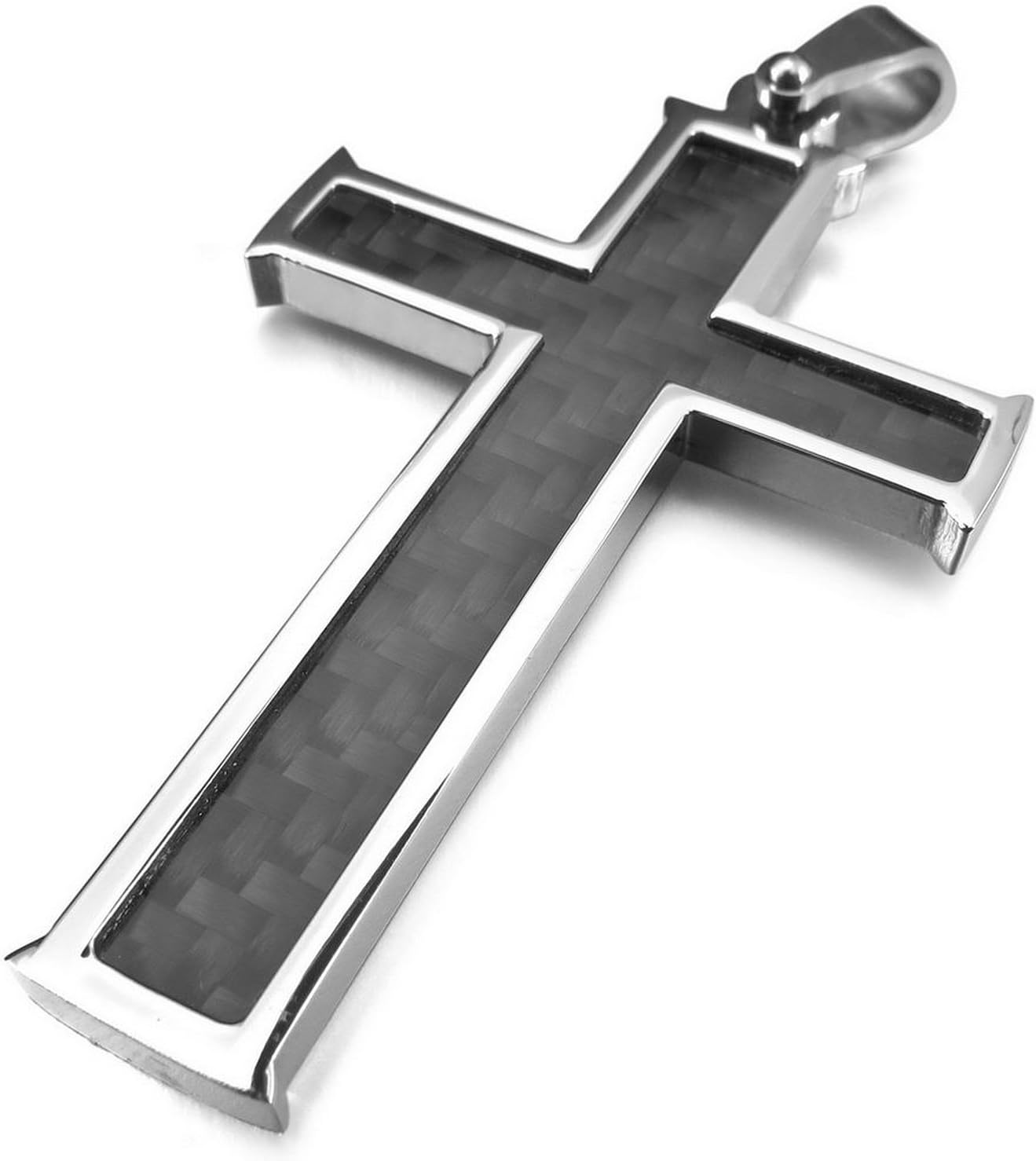 MENDINO Cross Middle Hollow Carbon Fiber Stainless Steel Pendant Necklace (Black + Grey) with 1X Velvet Bag
