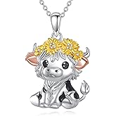 Diamond Cow Necklace for Women 925 Sterling Silver Cow and Sunflower Pendant Necklaces Cute Animal Jewelry Gifts for Mom Wife Sister Friend Christmas Mother's Day,18+2 inch