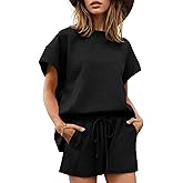 Wyeysyt Women's Loungewear Set 2 Piece Outfits Matching Lounge Short Sleeve Tops and Shorts Casual Pajamas Set with Pockets