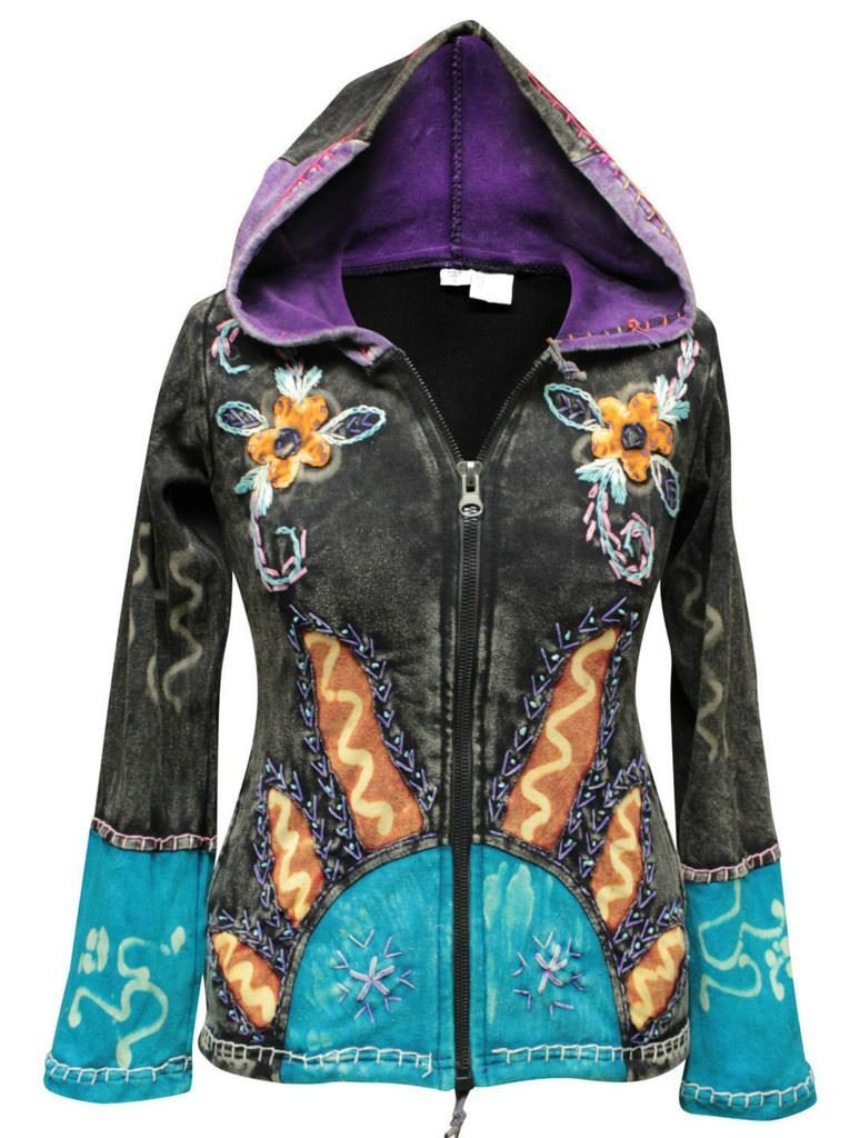 Photo 1 of (used) Fashion Women Sun Flames Floral Hippie Goth Zip Up Hooded Winter Jacket (XL, Black)