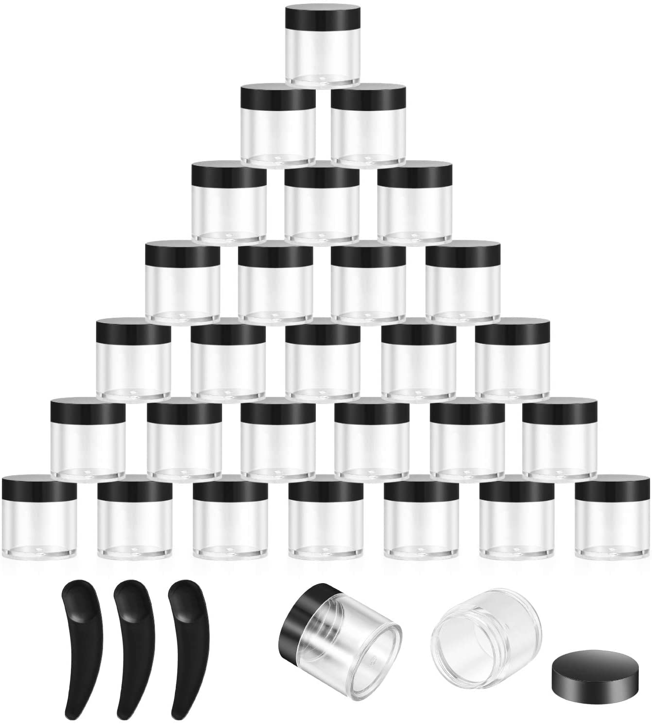 30PCS Sample Pots, Plastic Refillable Cosmetic Containers with lid, with 3 Mini Spatula Empty Cosmetic Pots, for Eye Shadow Lip Balm and Nail Powder (10ml/10g) (black)