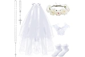 Funtery 6 Pcs Girls First Communion Veils Catholic Set 1st Communion Wreath Veil Headpiece Sock Necklace Bracelet Kid Wedding