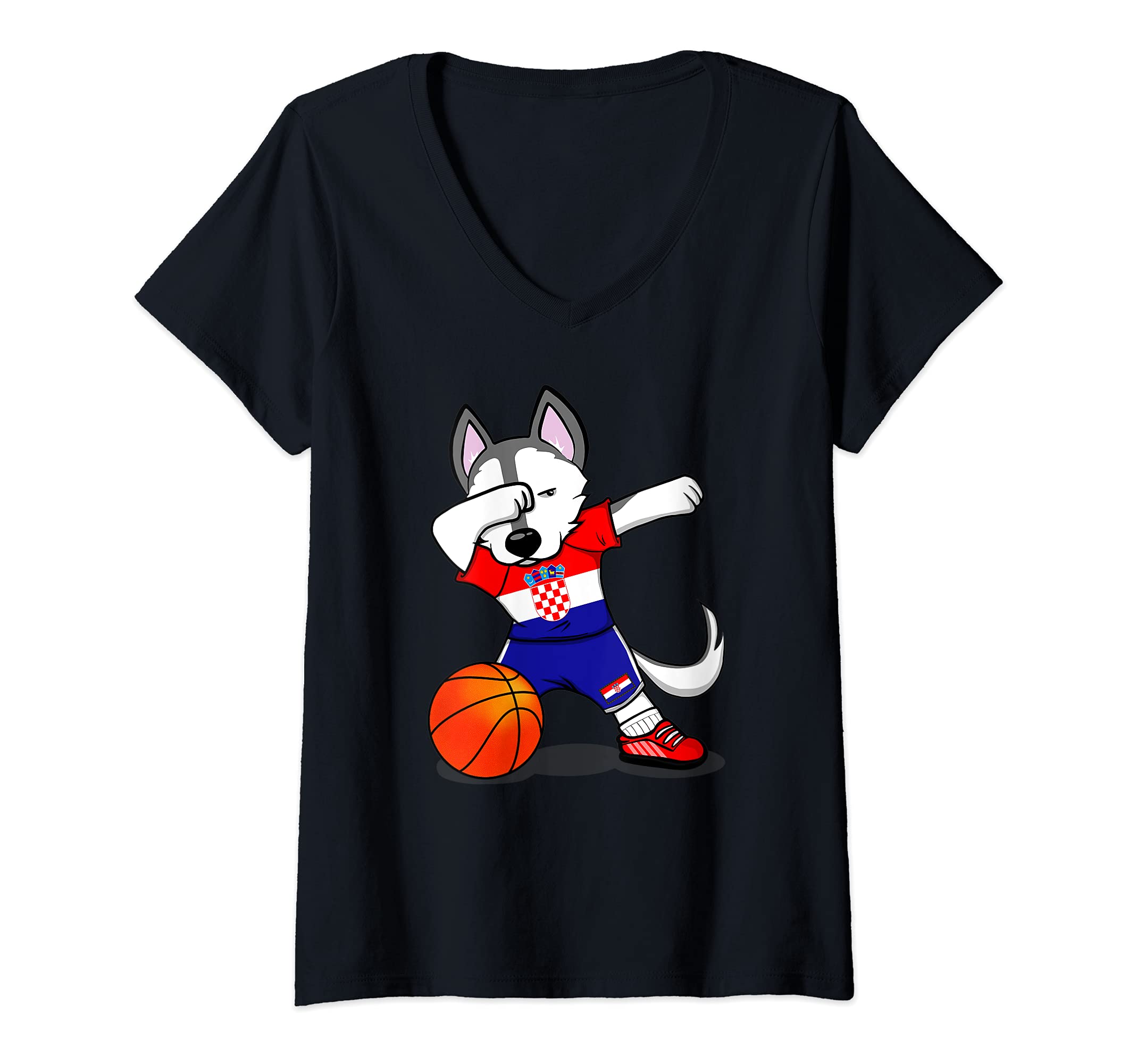 Womens Dabbing Husky Croatia Basketball Fans Jersey Croatian Flag V-Neck T-Shirt