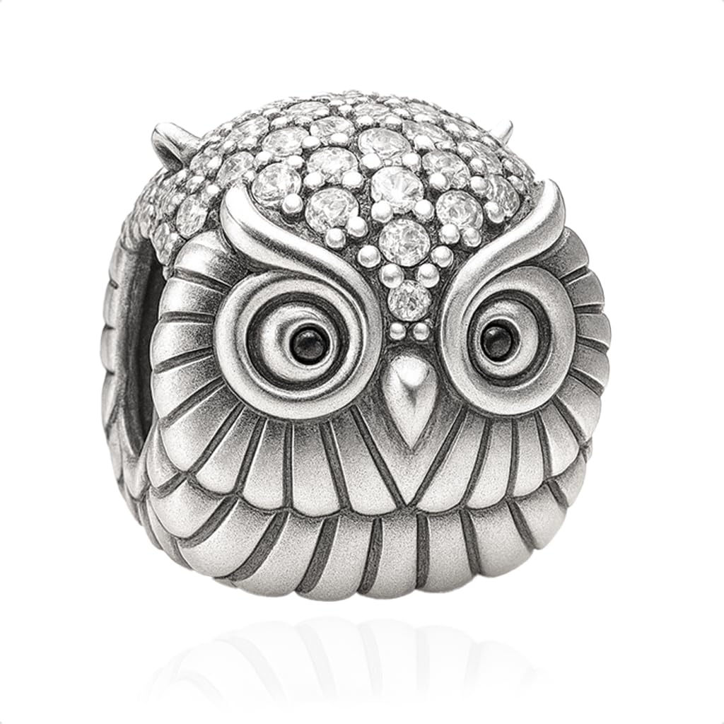 Wise Owl Charm Bead for Pandora Moments Bracelets 925 Sterling Silver with White Crystals Her Girls Women - Happy Birthday Gift Box