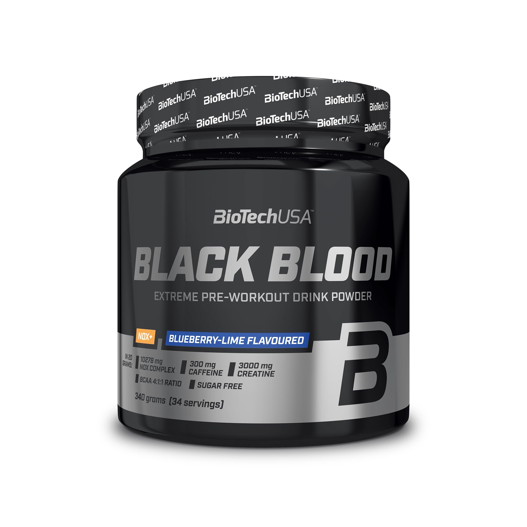 BioTechUSA Black Blood NOX+ | Pre-Workout Formula | with Caffeine, Creatine, Tyrosine | Sugar-Free | 340 g | Blueberry-Lime