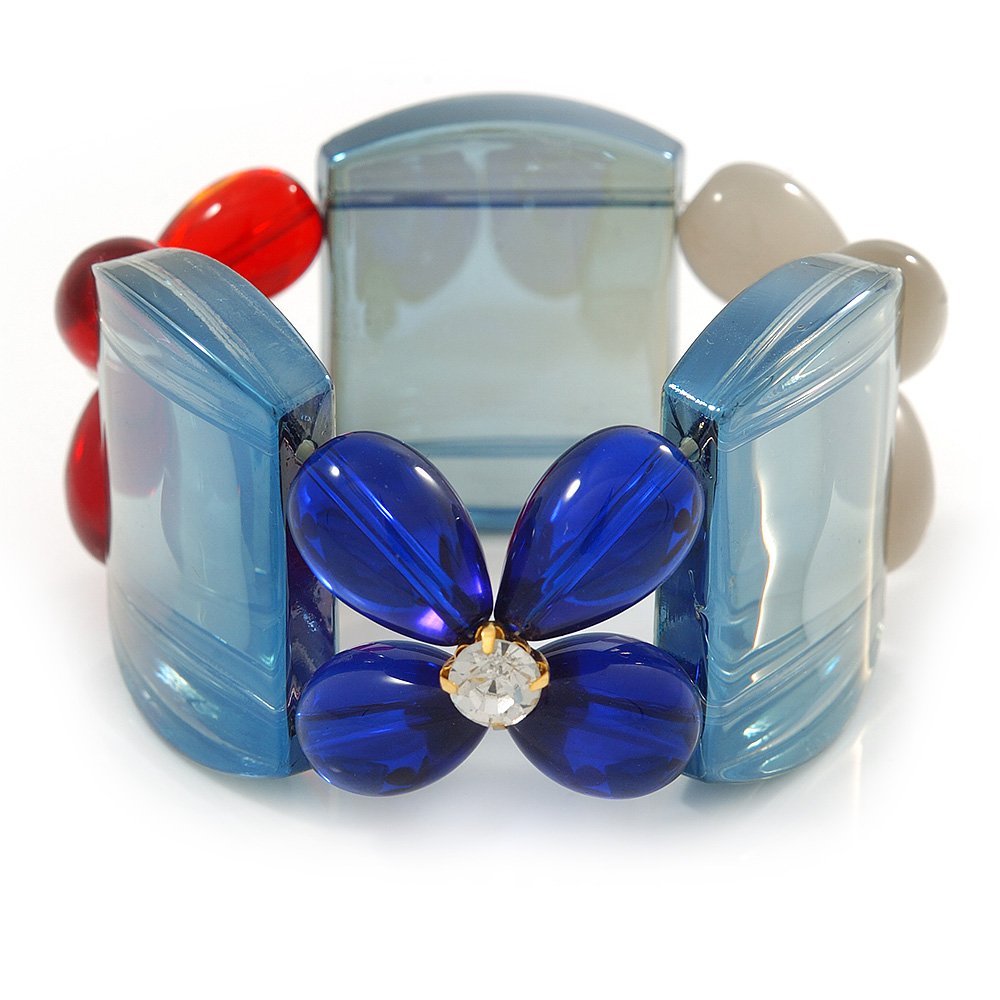 Avalaya Blue, Red, Cream Floral Resin Stretch Bracelet - up to 20cm L