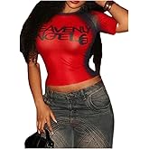 GORGLITTER Women's Short Sleeve Sheer Mesh Crop Tops Y2K See Through Letter Tees Summer Going Out Tops