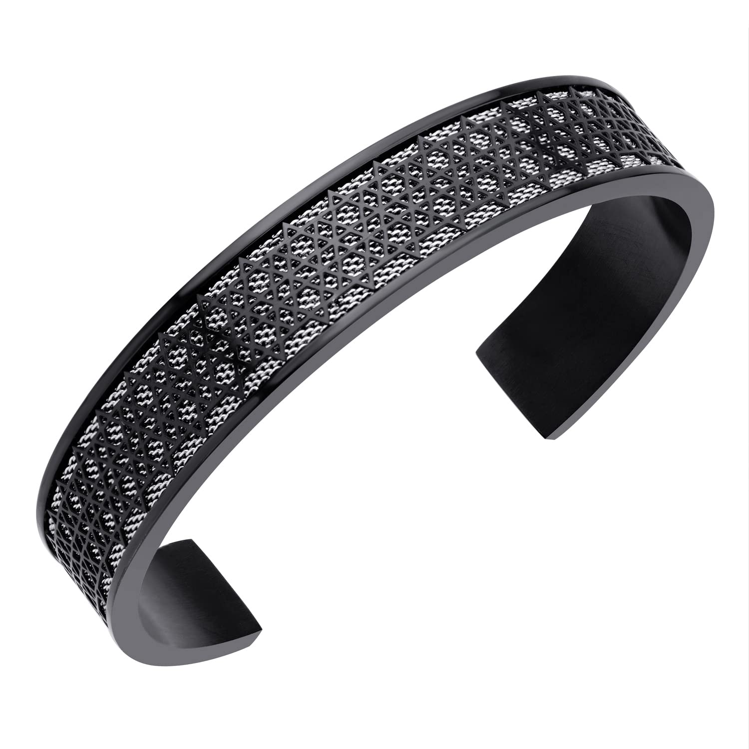 555Jewelry Stainless Steel Cuff Bangle Star of David Bracelet for Men, Jewelry Star of David, Mens Bracelet Jewish, Open Bangle for Men, Magen David Bangle, Black/Silver