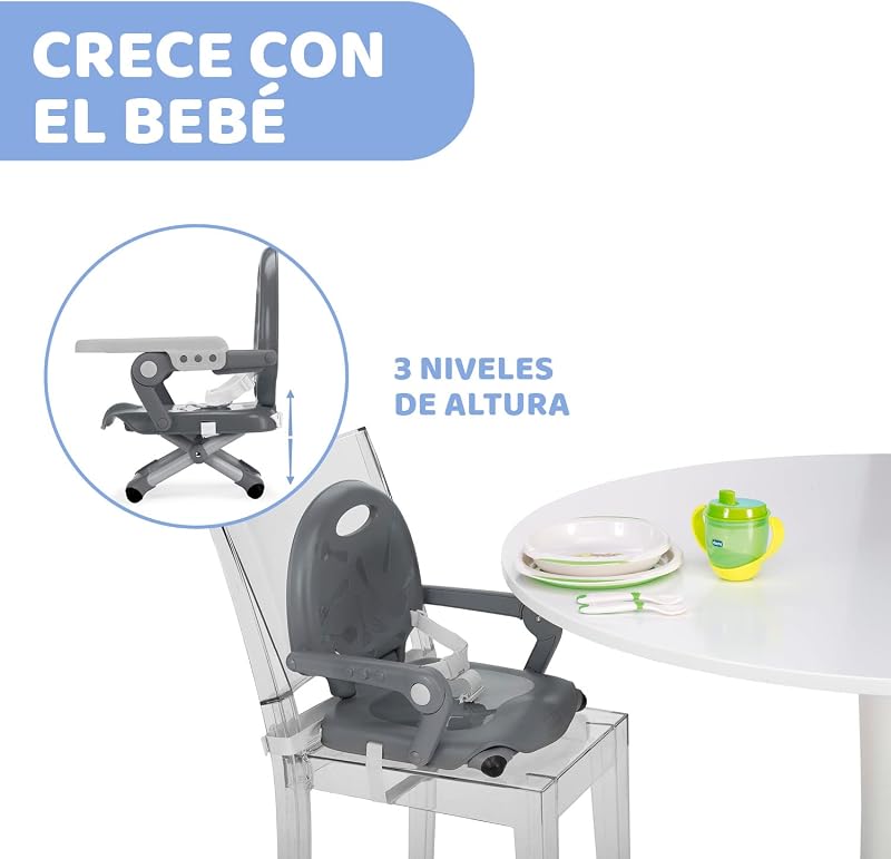 Pocket Snack Alzador de Silla para Niños para Comer, Apto de 6 Meses hasta 3 Años (15 kg), Trona de Viaje Portátil y Ajustable para Bebés, Compacta y con Bandeja Desmontable - Gris (Dark Grey)
