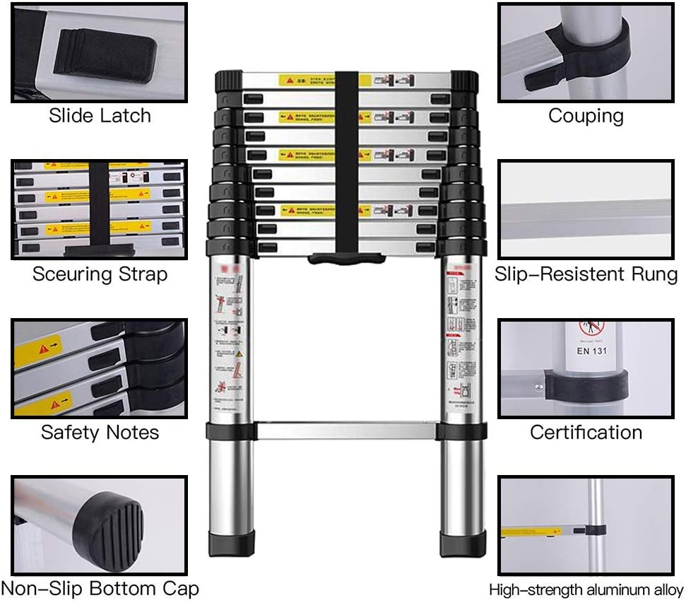 Telescoping Ladder 10.5ft/3.2m Aluminum Multi Telescopic Extension Ladder One-Button Inward Sliding Retraction with EN131 Certified - - 