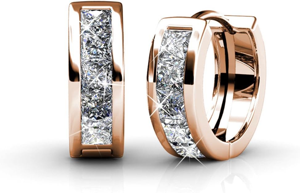 DESIMTION Rose Gold Plated Huggie Earrings with Swarovski Crystals, Small Hoop Earrings for Women Girls
