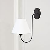 14" Linen Single Wall Sconce Black, Retro Swoop Wall Lamp with Black Metal Arm, Mid-Century Vintage White Linen Shade Sconce,