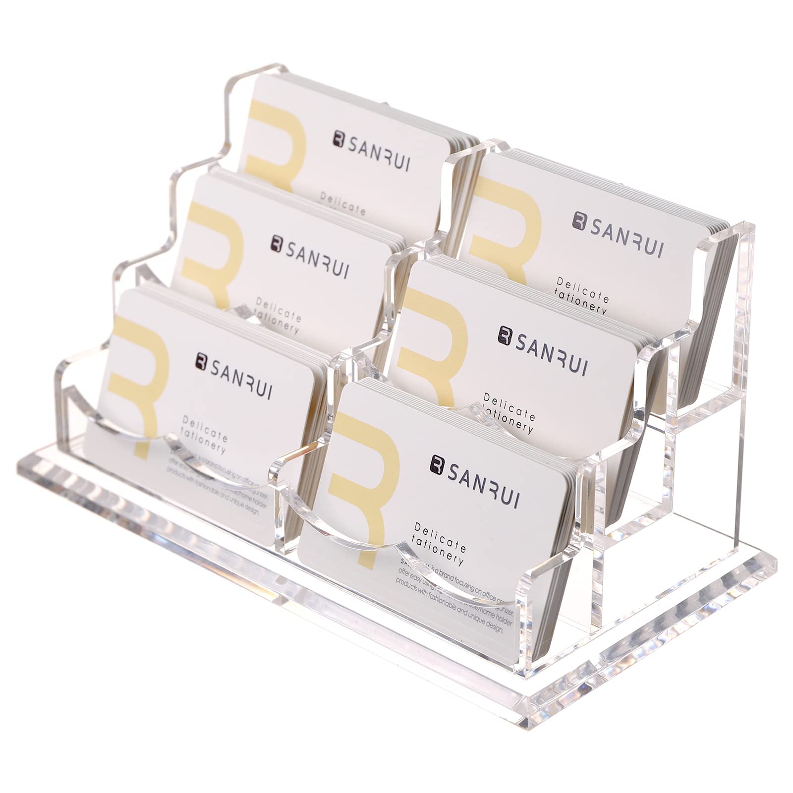 SANRUI 6 Slots Business Card Holder – 3 Tier Acrylic Display Stand – Clear Desktop Name Card Organiser Rack for Office Reception, Trade Show & Counters (22 x 11 x 11 cm)