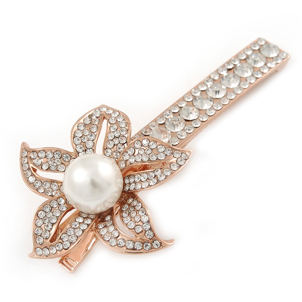 Large Glass Pearl, Clear Crystal Flower Hair Beak Clip/Concord Clip In Rose Gold Tone - 85mm L