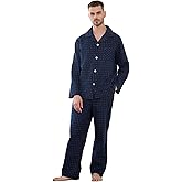 Vulcanodon Men 100% Cotton Pajama Set, Soft Warm Button Down Pajama Sets for Men Comfy Plaid Fun Prints Lounge With Pockets