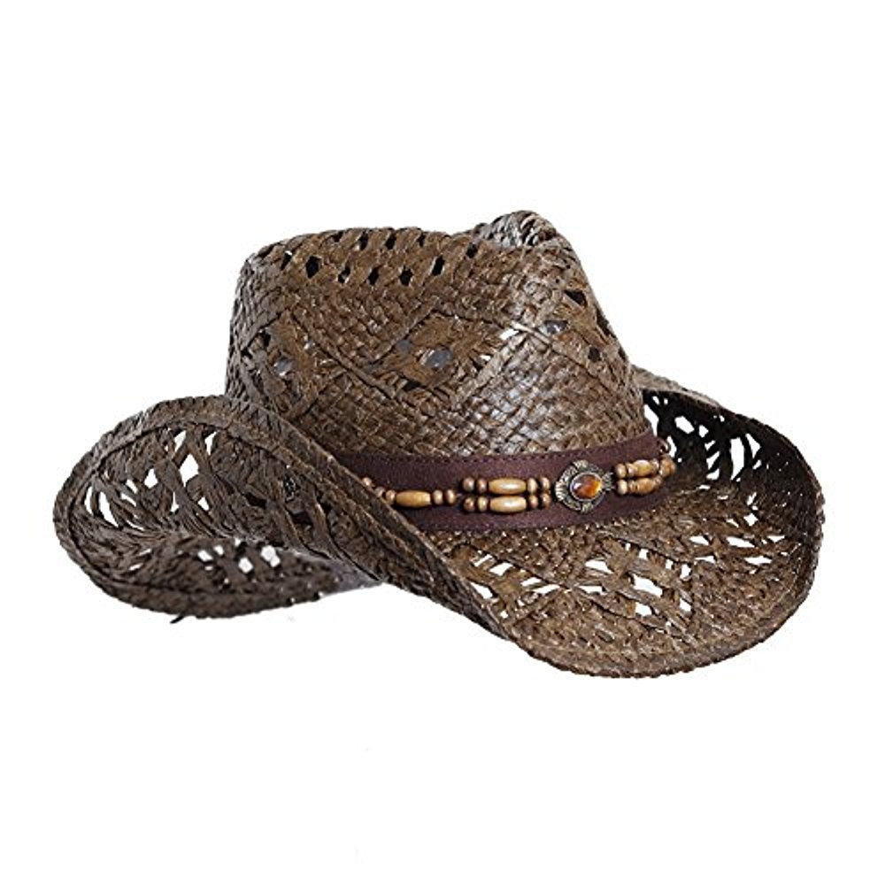 Straw Cowboy Hat W/Vegan Leather Band & Beads, Shapeable Brim Vamuss Straw Cowboy Hat W/Vegan Leather Band & Beads  main image 2