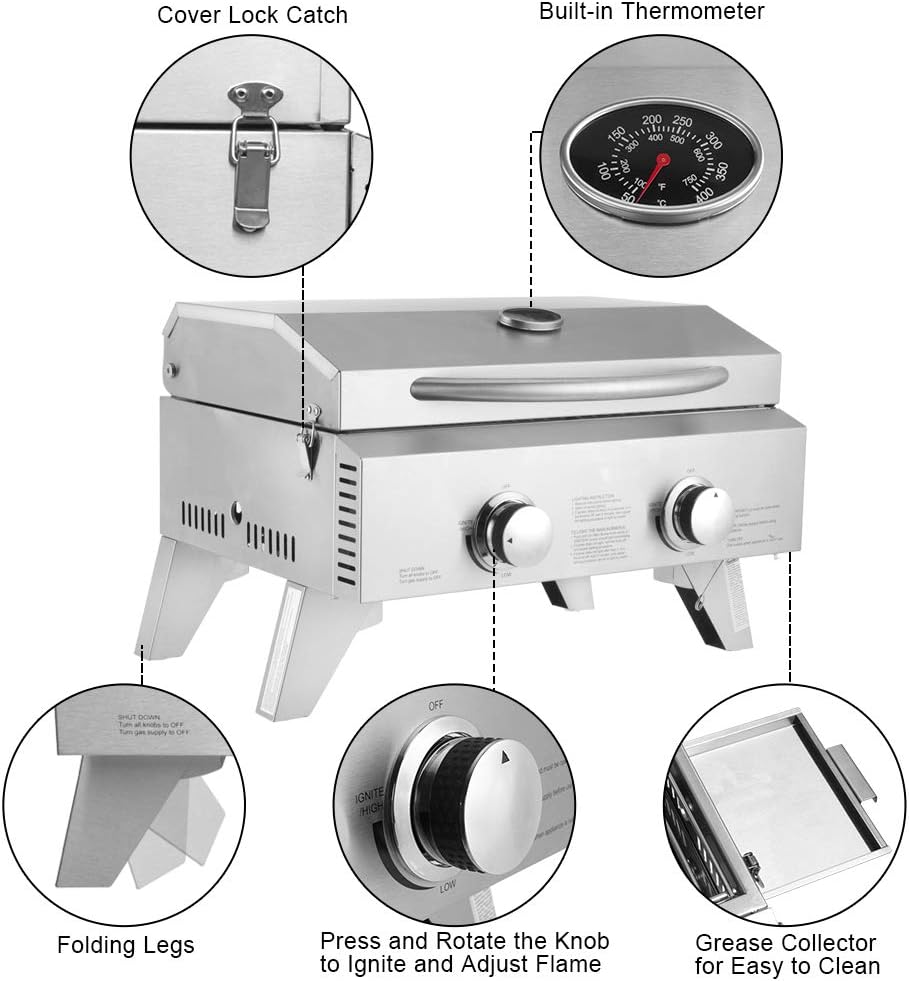 review Goujxcy Tabletop Grill Propane, Stainless Steel Two Burner BBQ Grill Portable Gas Grills Propane with Foldable Legs, 20000 BTU, Perfect for Outdoor Camping Picnic
