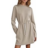 COCOMARTS Womens Casual Long Sleeve Crewneck Sweatshirt Dress Drawstring Waistband Tunic Tops Vacation Mini Dresses 2025 Fall