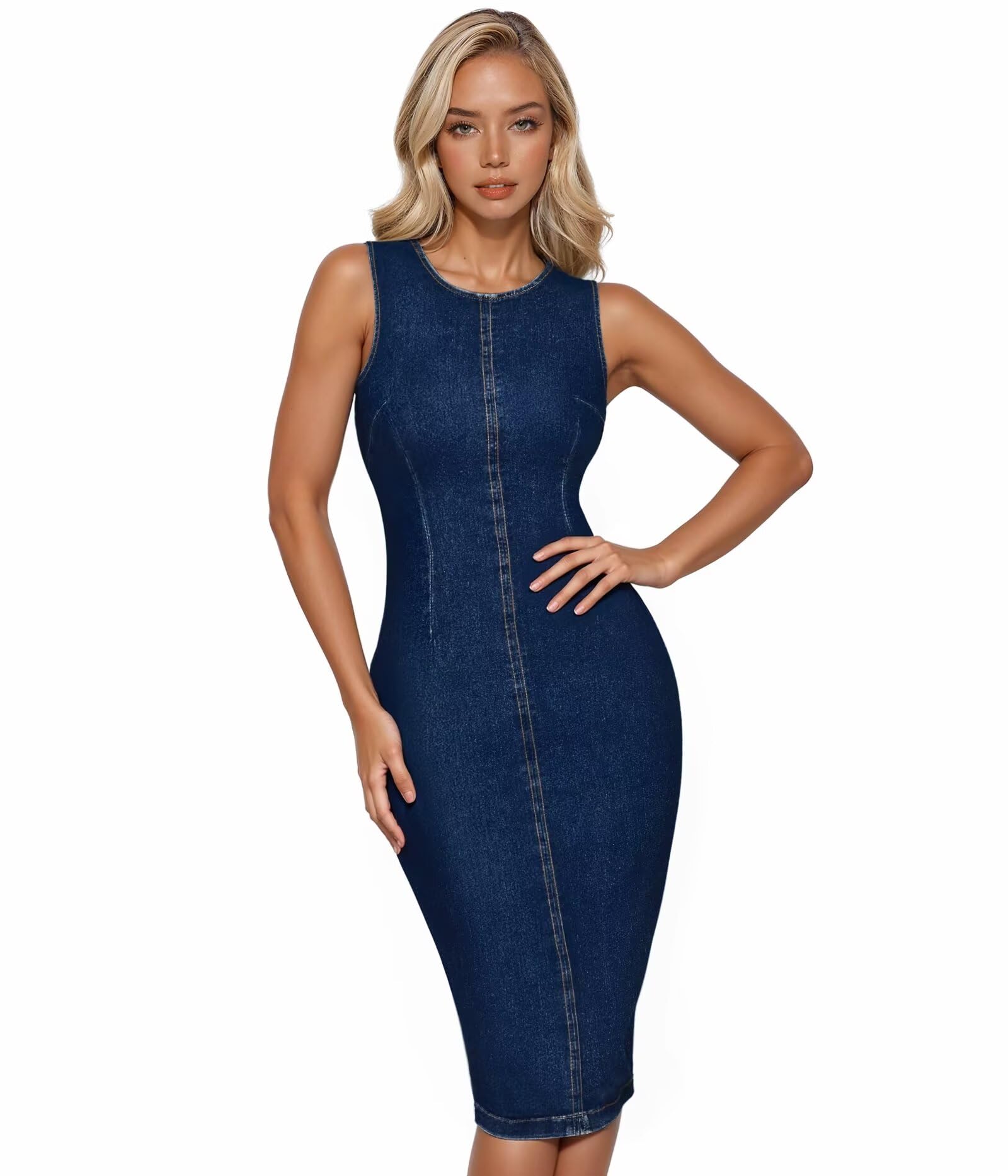 Photo 1 of & Company Womens Super Stretch Slim Fit Crew Neck Sleeveless Denim Dress DR5010 Darkwash M