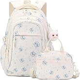 Cat Kids Backpack Set for Girls with Lunch Box Kitty Kindergarten Bookbag Prechool School Bag Beige