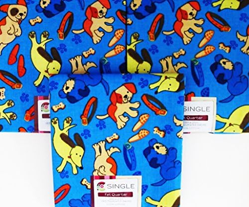 FAT QUARTERS (3) DOGS PUPPIES PAWS BONES BLUE BACKGROUND ~ 100% COTTON FABRIC ~ Quilt Fabric ~ SEWING