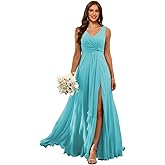 RSOETOO Chiffon Bridesmaid Dresses with Pockets A-line Ruffles Long Chiffon Formal Party Dress with Slit RON018
