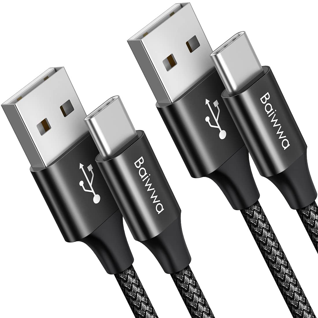 Baiwwa 1m 2-Pack USB A to USB C Cable, Durable Braided Type C Fast Charger Cord USBC Quick Charge Cable -Charcoal Black