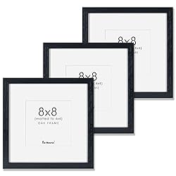 8x8 Picture Frames Black Set of 3, Solid Oak Wood