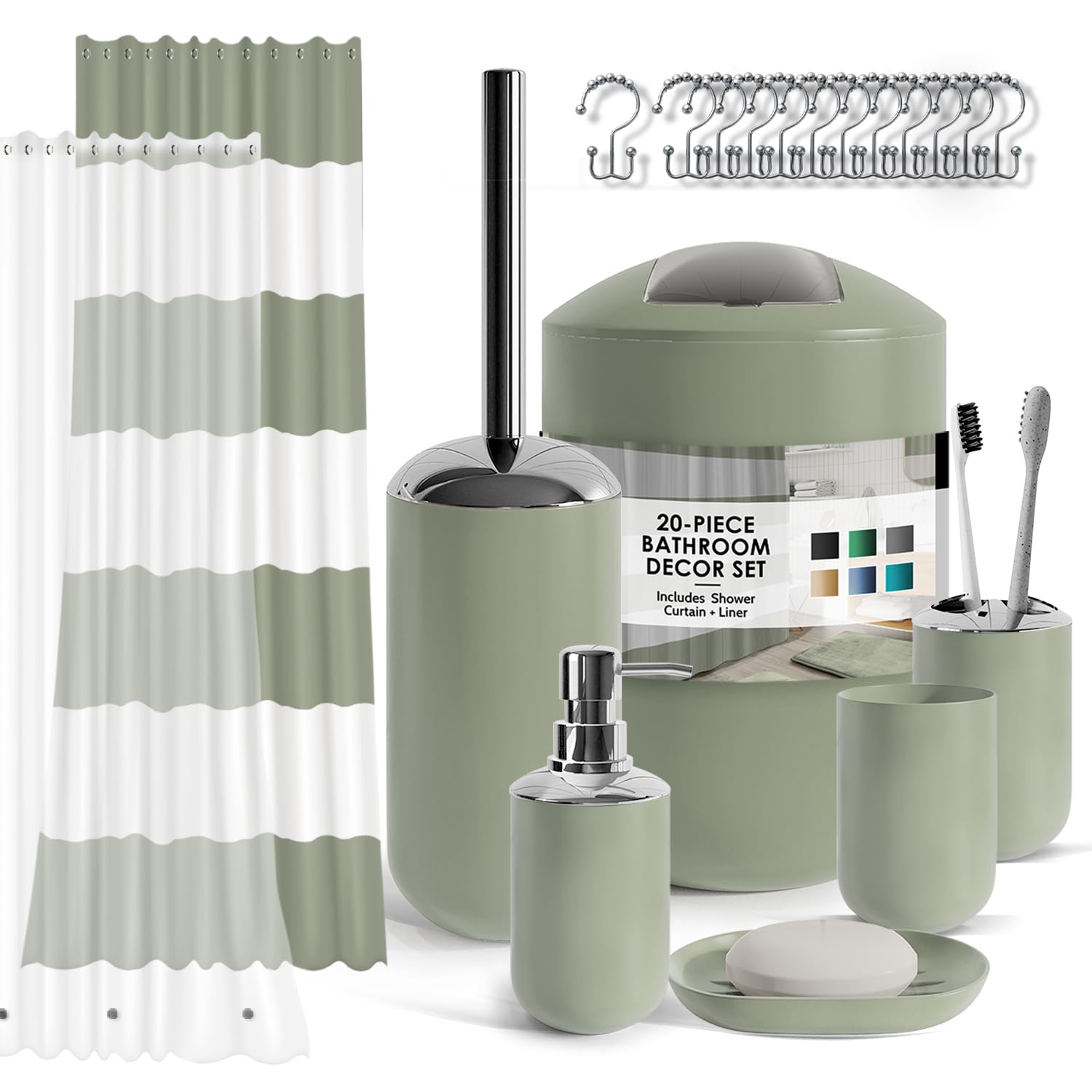 Photo 1 of Clara Clark Bathroom Set - Sage Green Bathroom Accessories Set, 20PC Bathroom Accessory Set, Shower Curtain Set with Liner, Toothbrush Holder, Soap Dispenser, Soap Dish, and Toilet Brush Holder