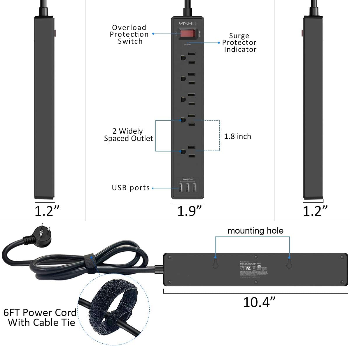 Power Strip, YISHU Surge Protector with 5 Outlets and 3 USB Ports, 6 Feet Extension Cord for for Home, Office, Dorm Essentials, 1680 Joules, ETL Listed, Black: Electronics