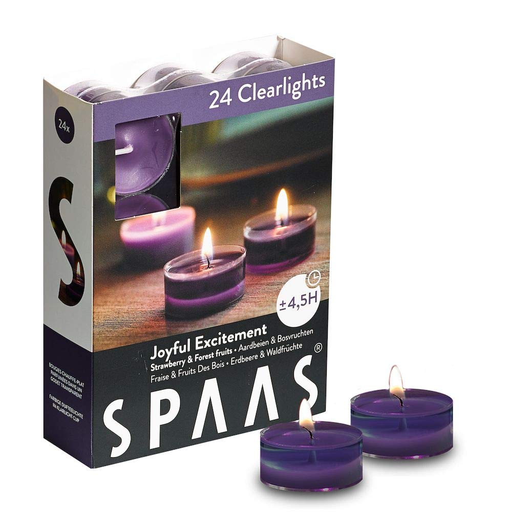 Spaas 24 Scented Clearlights, Tealights in Transparent Clear Cup, ± 4.5 Hours, Joyful Excitement, Aubergine