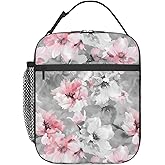 ainori Reusable Floral Lunch Box for Kids Girls Boys Women Adult, Insulated Pink and White Flower Lunch Bag,Polyester Cooler Art Handbags Case for School Picnic Work Travel Beach or Hiking (Gray)