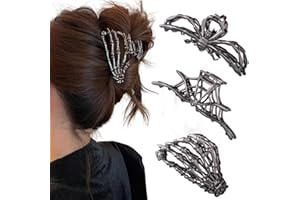 RAUIMOUR 3PCS Black Spider Web Skeleton Hand Skull Hair Claw Clips for Women And Girls, Hiphop Metal Large Medium Size for Thick Thin Hair, Headband Barrette for styling Hair Accessories Party Gift (Black Gun)