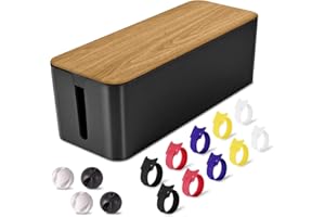 TUWECHEN Cable Management Box Large - Wooden Grain Cable Organizer Box to Hide Wires&Power Strips,TV&Desk Computer Wires,with Cable Clips&Reusable Cable Ties for Home&Office(Black)