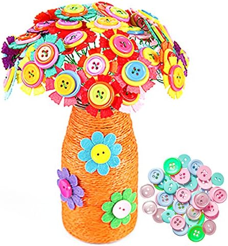 DIY Button Flowers Set, Craft Iron Wire Button Felt Bouquets Kit, 40 flowers with Glass Bottle