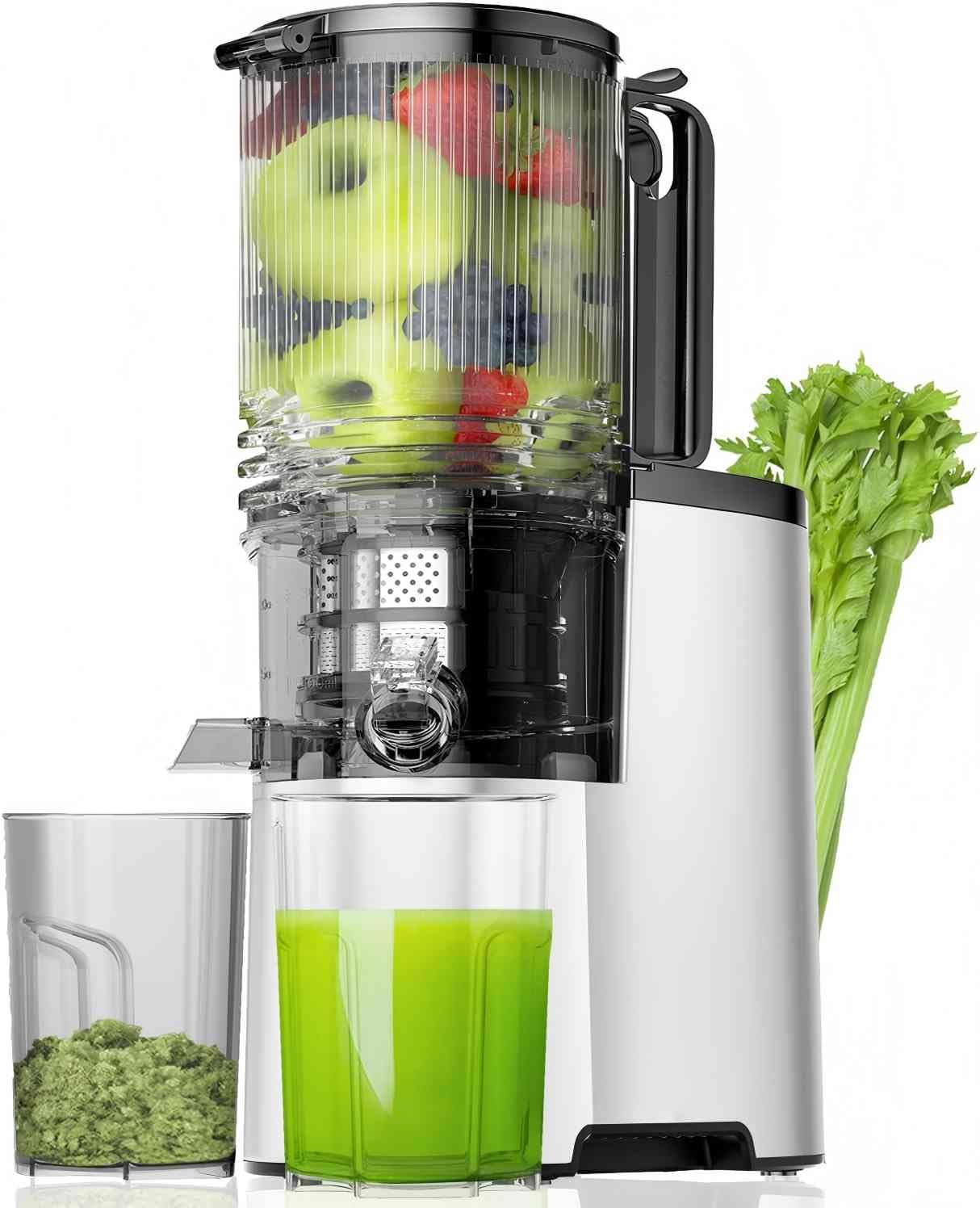 Photo 1 of EanOruus Cold Press Juicer, 5.8" Wide Feed Chute Juice Extractor Machine with 400W, High Juice Yield, Slow Masticating Juicer for Whole Vegetables & Fruits, Metallic Silver