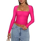 REORIA Women's Basic Sexy Square Neck Long Sleeve Y2K Going Out T Shirt Crop Top