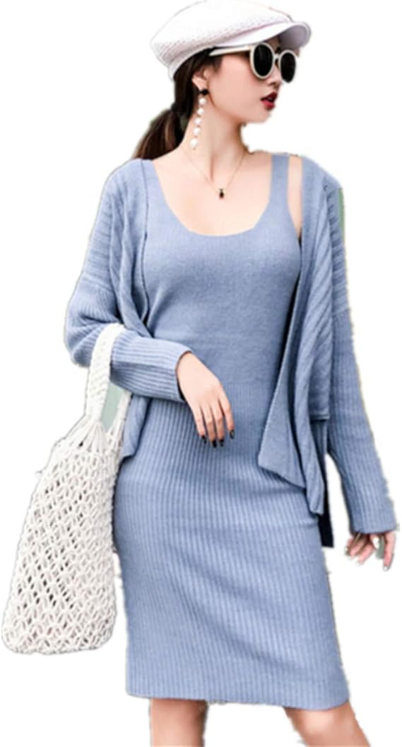 Amazon Snolyni レディースワンピース 韓国ファッション トップス 秋冬ワンピース 2点セットドルマンスリーブ ニットセーター メリヤス編み上げ ストレッチ カーディガン ワンピース チュニック 通販