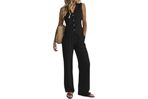HEIPEIWA Women's 2 Piece Outfits Linen Vest Waistcoat Dressy Casual Sets Wide Leg Pants Suits