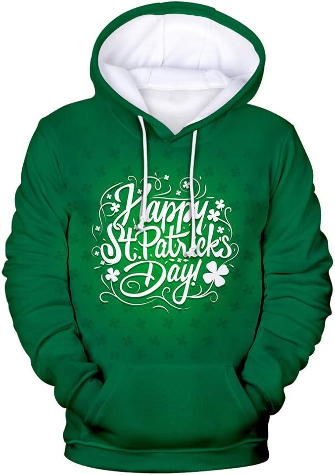 Men's Autumn and Winter New Irish Festival Creative 3D Digital Printing Hoodie Oversized Casual Loose Sweatshirt Pocket Sweater Men's Pullover Top Green T-Shirt