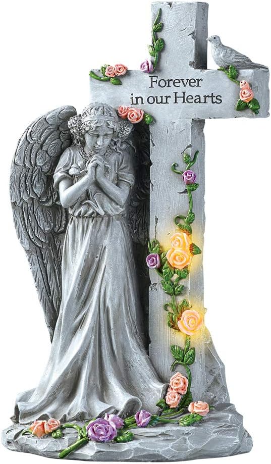 Collections Etc Angel with Light-Up Roses Stone-Like Memorial - Beautiful Display for Yard or Garden