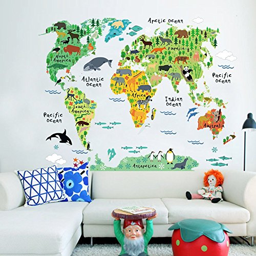 BTF Educational Animal World Map Wall Stickers - DIY Removable Peel &amp; Stick Wall Art Home Decor - Safe Wall Decal Mural for Kids Children Room Bedroom LivingRoom Kitchen Decoration