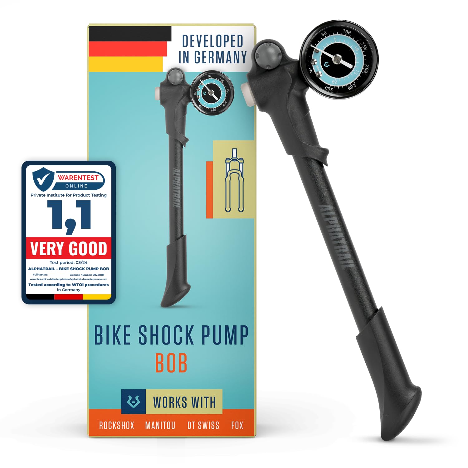 Alphatrail Shock Pump Bob - For all air suspensions and -forks 300 PSI / 20.7 Bar maximum Pressure 2 stage valve I Air bleed button I Large Gauge (1.6") I Suspension pump for RockShox. Fox etc