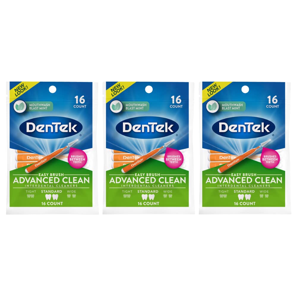 DenTek Easy Brush Cleaners Standard Spaces 16 Count (3 Pack) - White, Round Head, Plastic Handle, Manual, Recyclable, Toothbrush