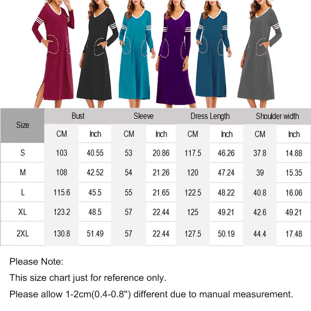 AOVXO Long Nightgown Womens V Neck Long Sleeve Nightshirt Ultra-Soft Cotton Fabric Split Hem Design with 2 Side Deep Pockets (Blue, 2XL)