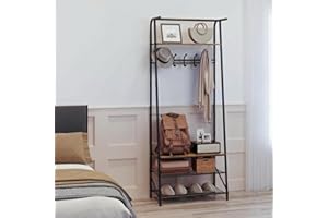 70'' h Coat Rack Hall Tree Shoe Bench, 5 Hooks and 3-Tier Shelf, Free Standing Entryway Organizer, Industrial Clothes Rack, M