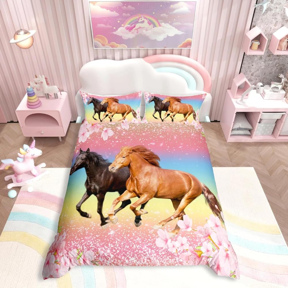 Girls Horse Bedding Set Kids Horses Pink Floral Duvet Cover For Kids Galloping Farmhorse Blossom Flower Bedding & Linen Wild Animal Cherry Blossom Glitter Bedding & Linen Daughter Bedroom Single