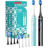 COSLUS C30 Electric Toothbrush for Adults, Ultra-Clean, 2PCS, Black &amp; Green | Effective yet Gentle, 3 Intensities &amp; 5 Modes, 2 Types Soft or Medium Firm Heads, Daily Care, Compact for Travel Home Family