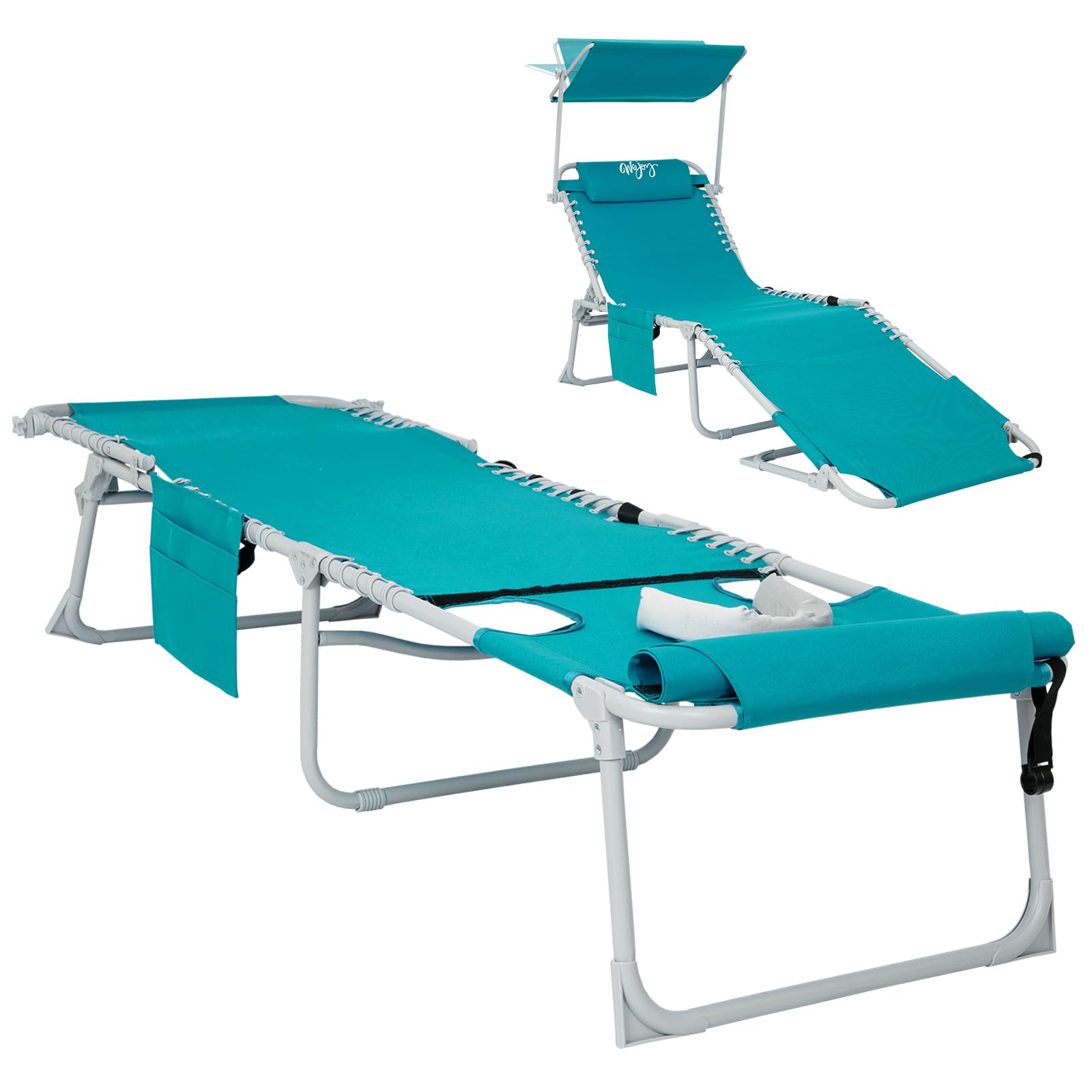 Photo 1 of #WEJOY 3 in 1 Tanning Chair with Face Hole & Canopy, 300 lbs Heavy Duty 5 Positions Folding Face Down Lounge Chairs Outdoor with Pillow & Storage Bag Portable for Pool Beach Lawn Camping (Cyan)